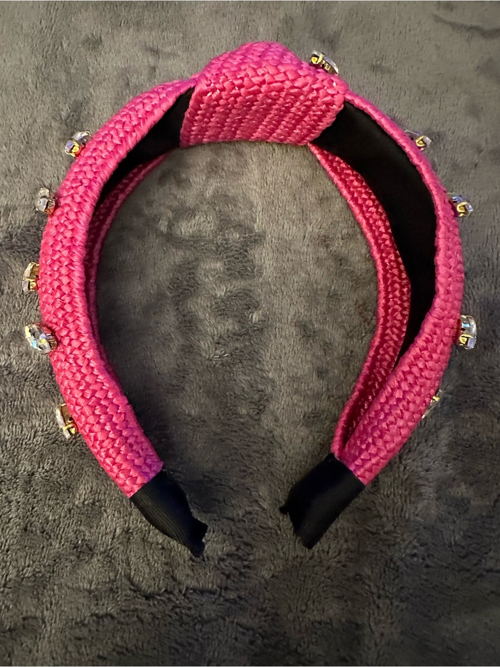 🔴 Handwoven Hot Pink Raffia Headband with Crystal  Bling Accents